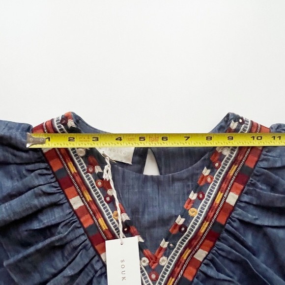 NWT Souk Indigo Hand Embroidered Chambray Top Ruffle V Neck 3/4 Sleeve Pull Over - Picture 10 of 11